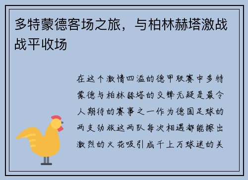多特蒙德客场之旅，与柏林赫塔激战战平收场